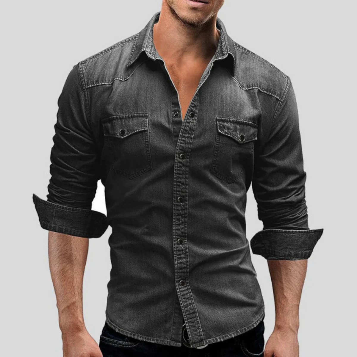 Men's long sleeve shirt with spread collar, button front and two chest pockets