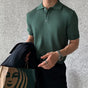Men's short-sleeve ribbed knitted polo shirt with pointed collar and button placket