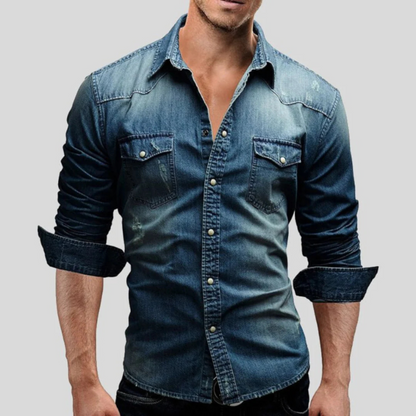 Men's long sleeve shirt with spread collar, button front and two chest pockets