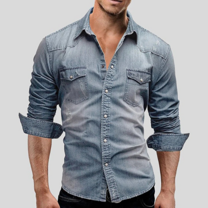 Men's long sleeve shirt with spread collar, button front and two chest pockets
