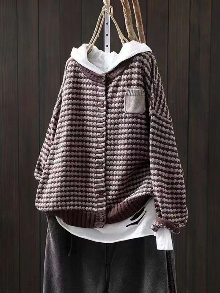 Women's textured hooded knit cardigan with button front and patch pocket