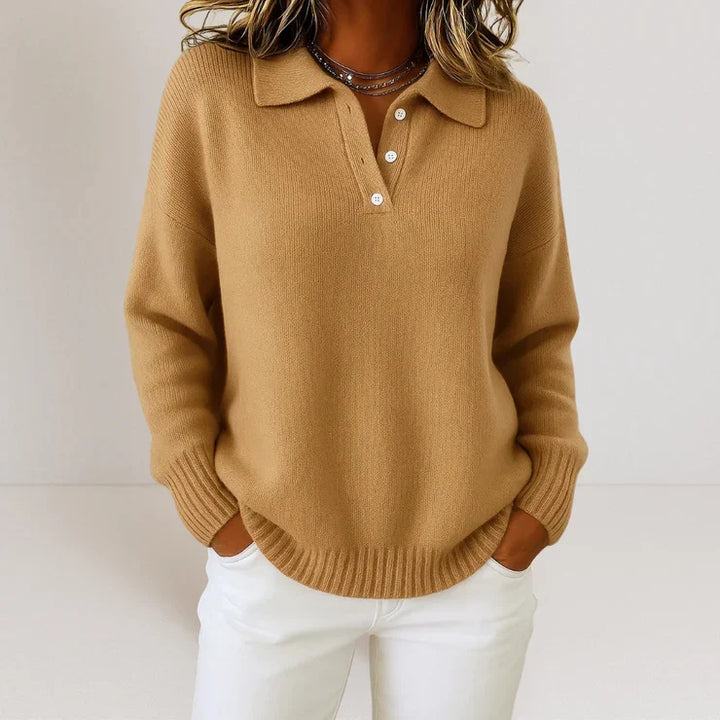 Women's collared knit sweater with button placket and long sleeves