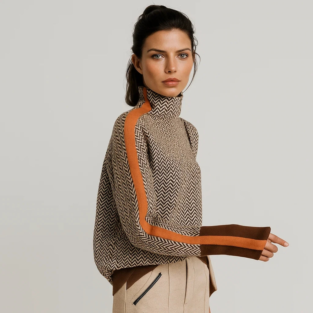 Women's geometric zigzag turtleneck sweater with contrast panels