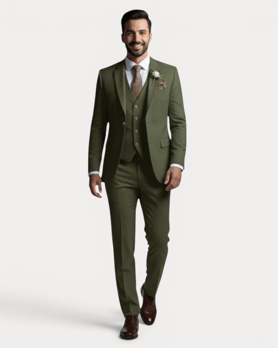Men's three-piece suit with notched lapels, buttoned waistcoat and tailored trousers