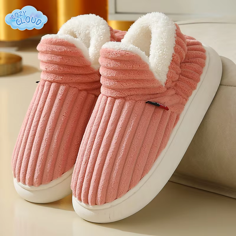 Ribbed closed-toe slip-on slippers with light lining and flat white soles