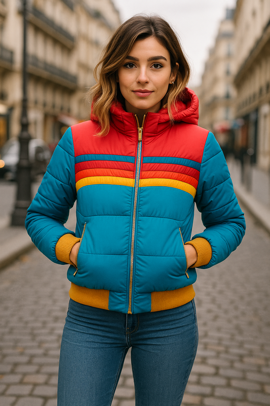 Women's hooded quilted puffer jacket with horizontal multicolour stripes