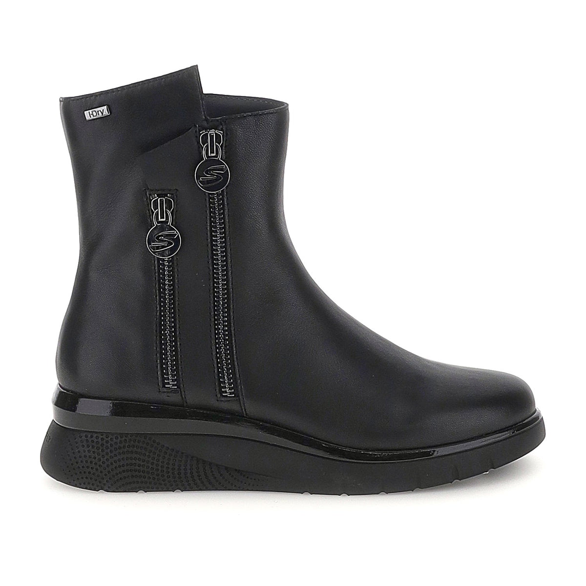 Black ankle boots with twin side zippers and platform soles