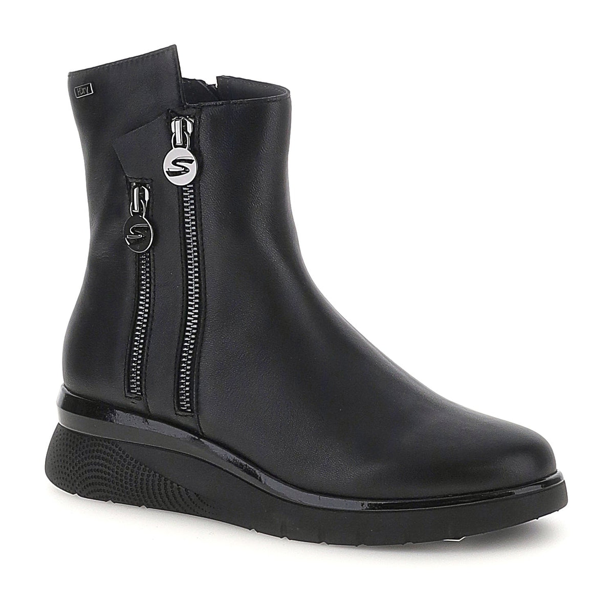 Black ankle boots with twin side zippers and platform soles