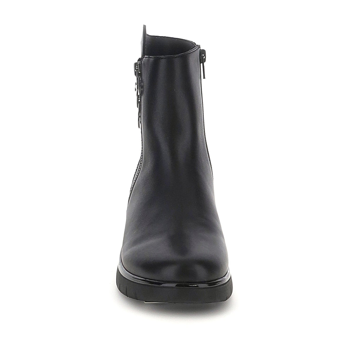Black ankle boots with twin side zippers and platform soles
