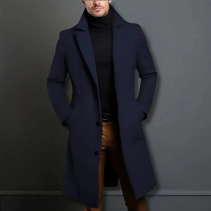 Men's tailored long coat with notched lapels, button front and side pockets