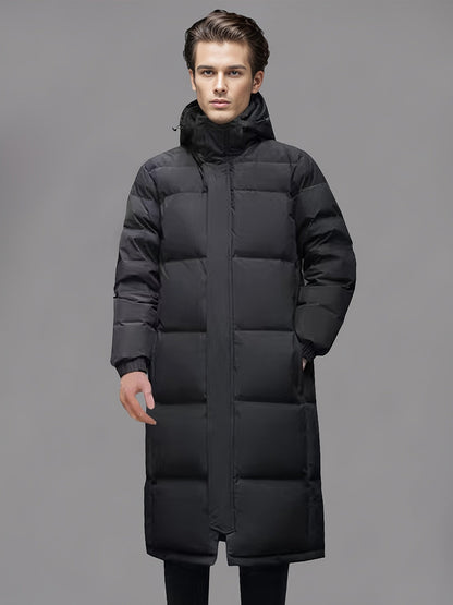 Men's black long hooded puffer coat with quilted panels and zip front