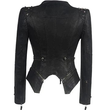 Women's black fitted moto jacket with studded shoulders and zip details