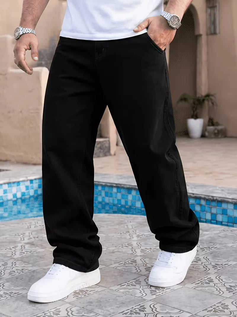 Men's black loose fit jeans with five pockets and wide full-length legs