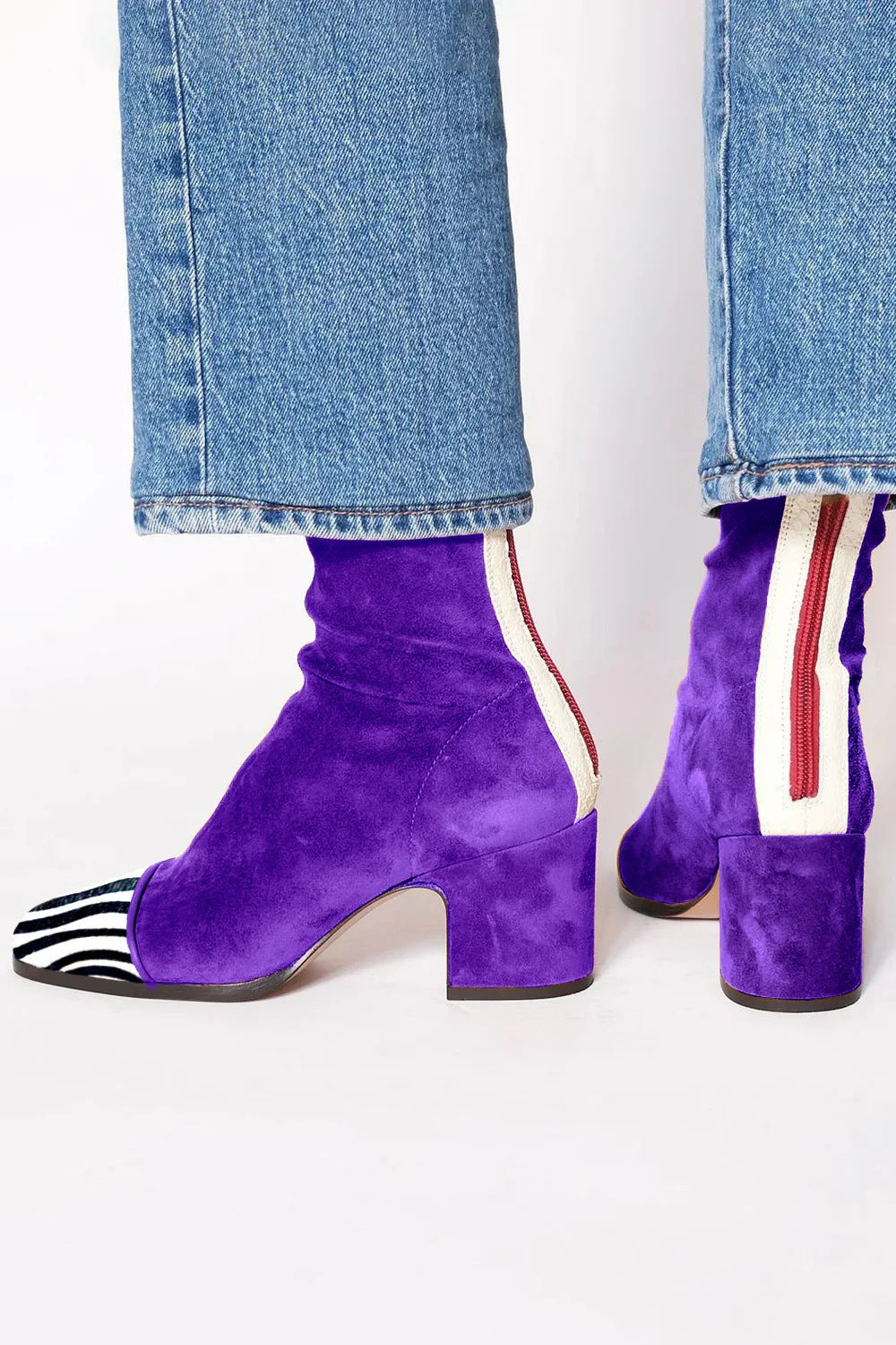 Women's purple ankle boots with zebra print toe and block heel