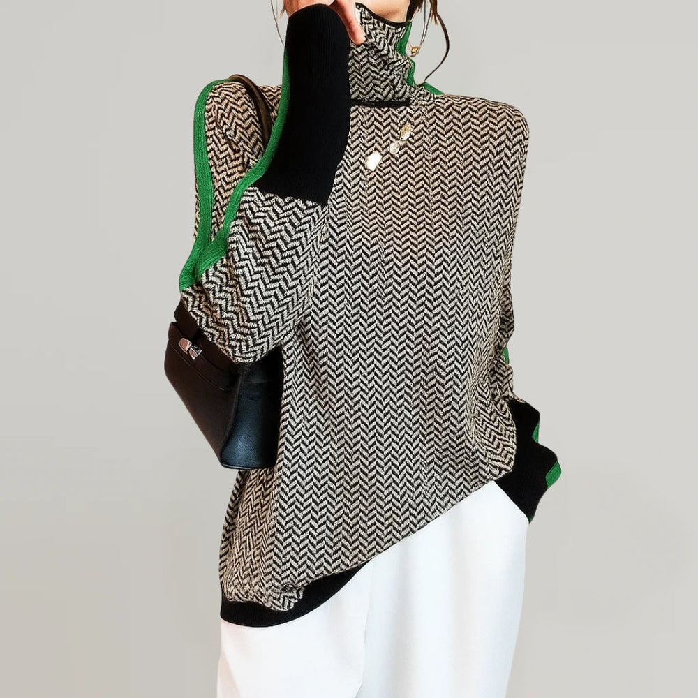 Women's geometric zigzag turtleneck sweater with contrast panels