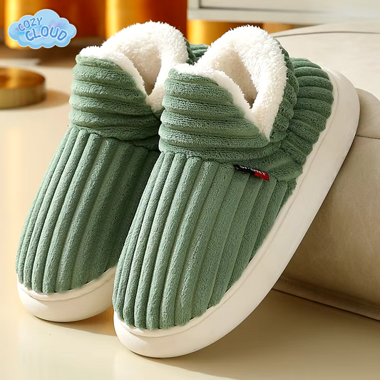 Ribbed closed-toe slip-on slippers with light lining and flat white soles