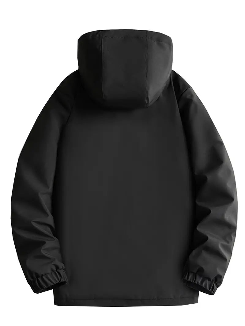 Men's hooded parka jacket with zip front, utility pockets and fleece-textured lining