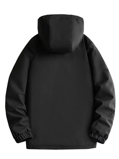 Men's hooded parka jacket with zip front, utility pockets and fleece-textured lining