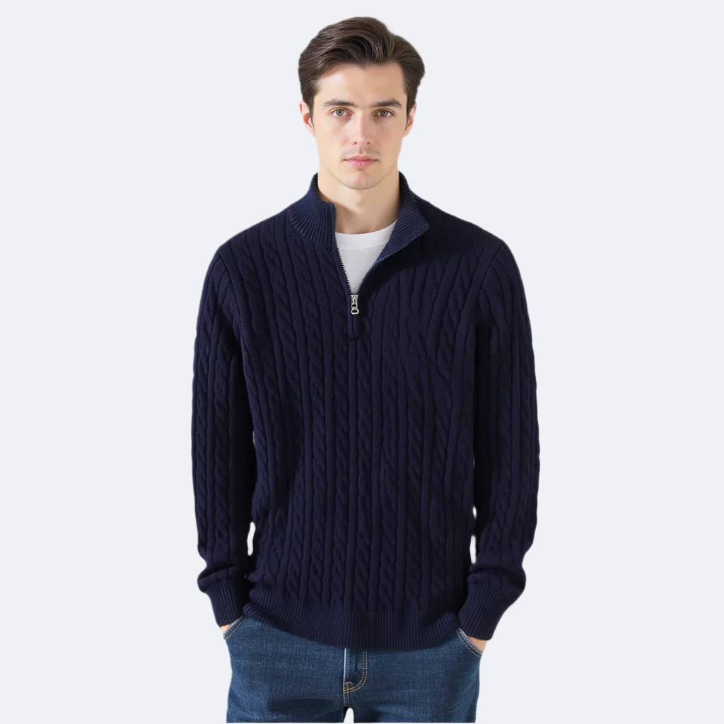 Cable knit sweater with mock collar, quarter zip and ribbed trims