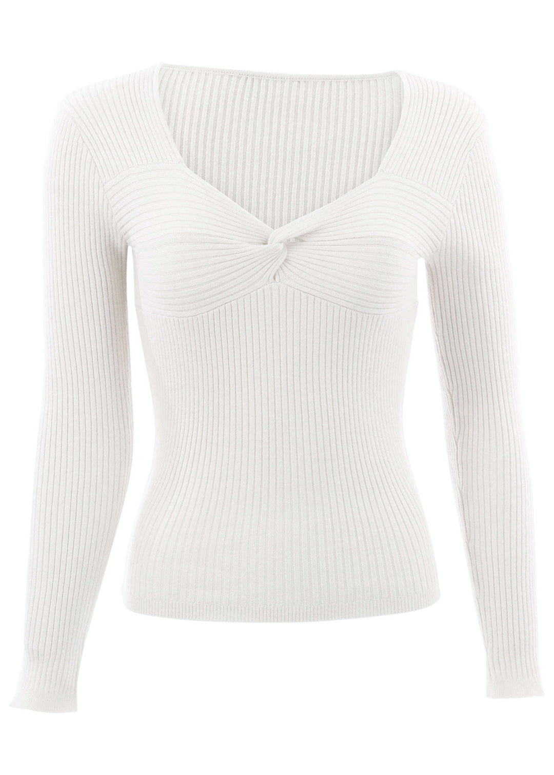 Women's cream ribbed sweater with twist front and long sleeves