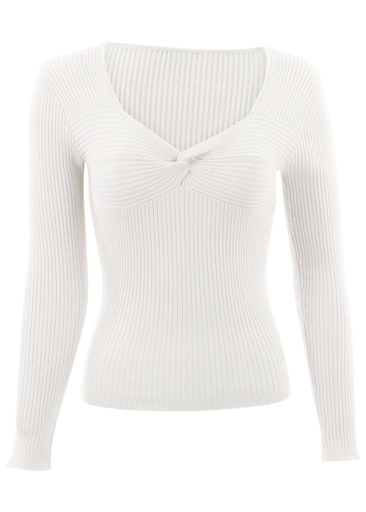 Women's cream ribbed sweater with twist front and long sleeves