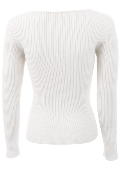 Women's cream ribbed sweater with twist front and long sleeves
