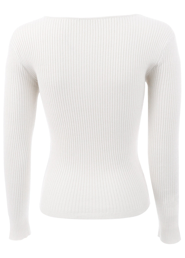 Women's cream ribbed sweater with twist front and long sleeves