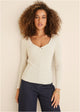 Women's cream ribbed sweater with twist front and long sleeves