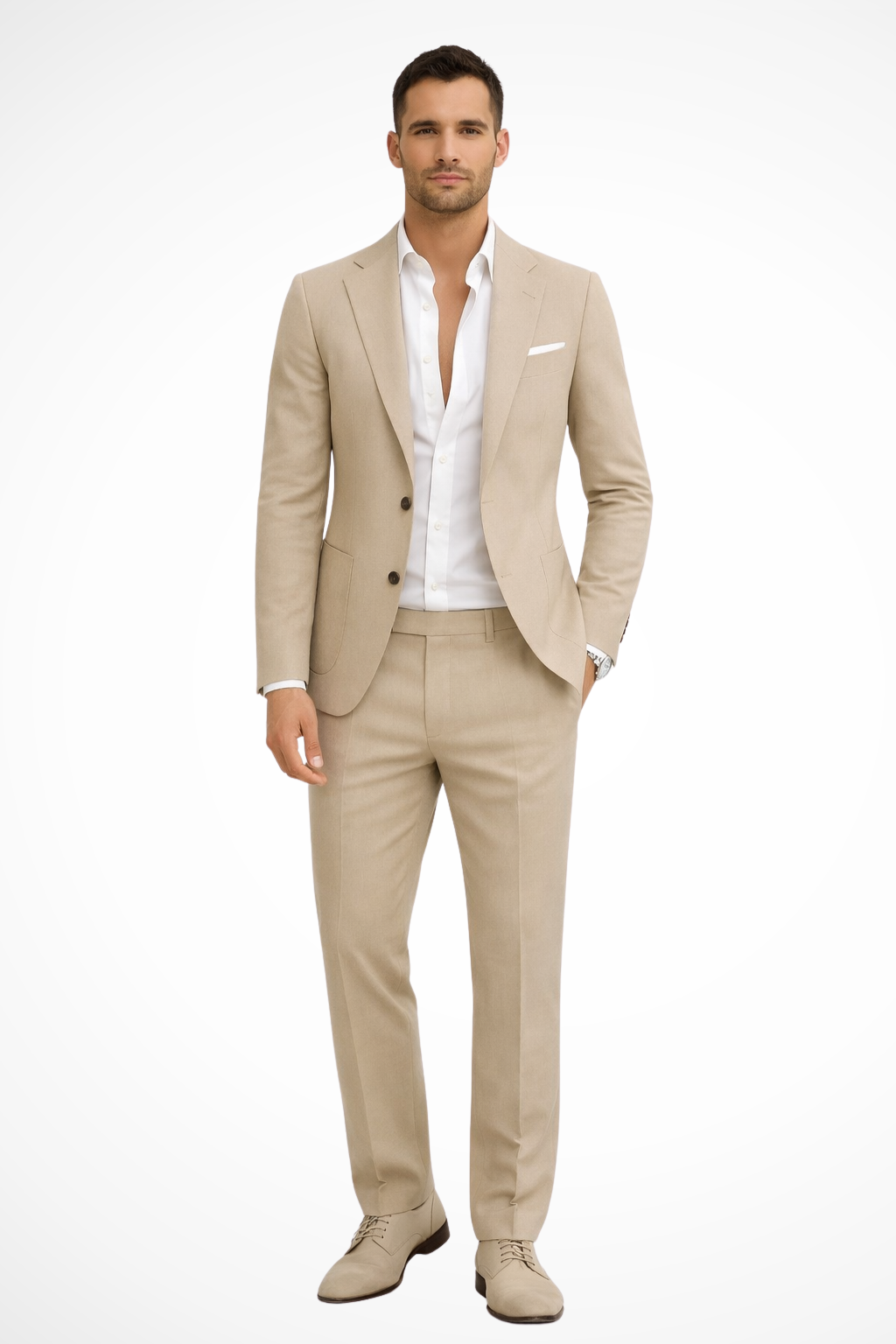 Men's two-piece suit with notch lapel blazer and matching trousers