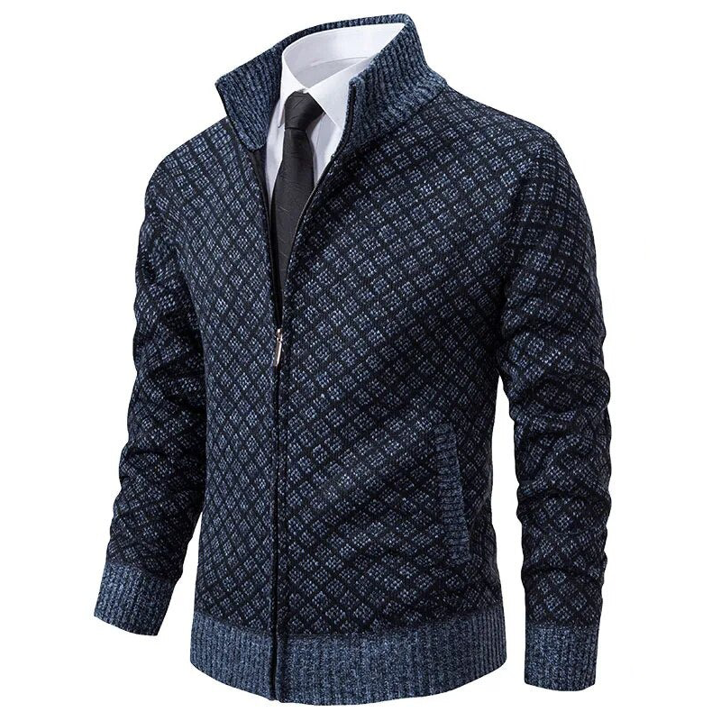 Men's geometric patterned zip-up sweater with stand collar and ribbed trims