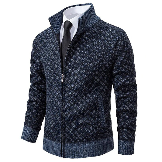Men's geometric patterned zip-up sweater with stand collar and ribbed trims