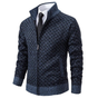 Men's geometric patterned zip-up sweater with stand collar and ribbed trims