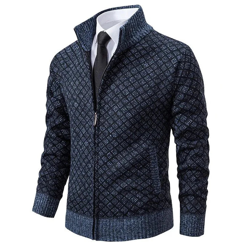 Men's geometric jacquard zip cardigan with mock neck and ribbed trims