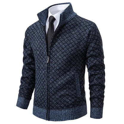 Men's geometric jacquard zip cardigan with mock neck and ribbed trims