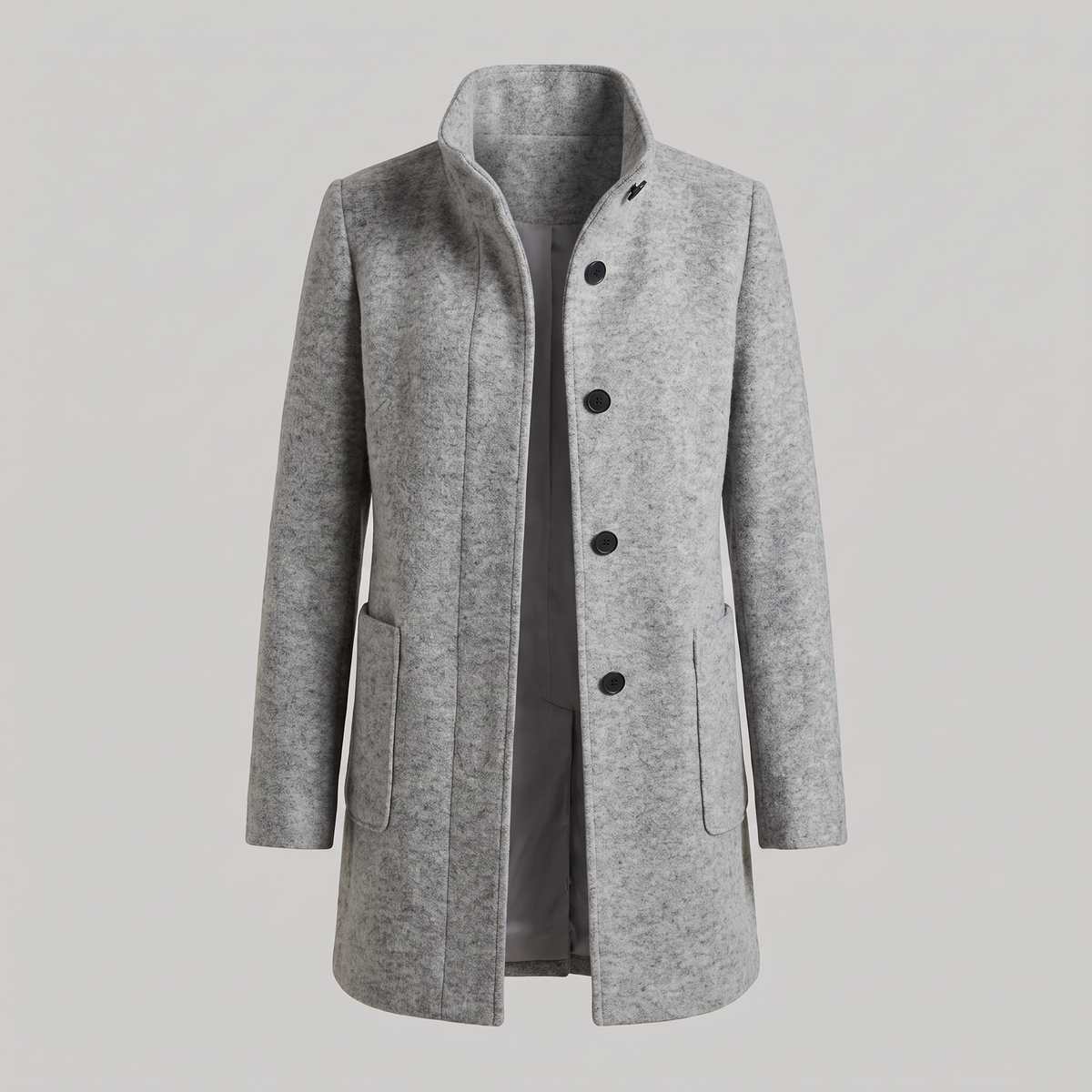 Women's longline trench coat with stand collar, button front and patch pockets