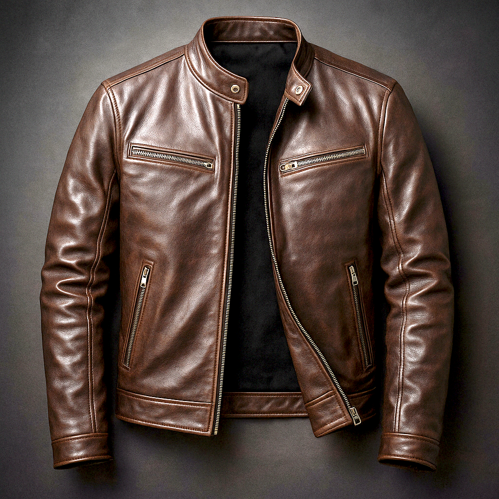 Men's leather biker jacket with standing collar and zip pockets