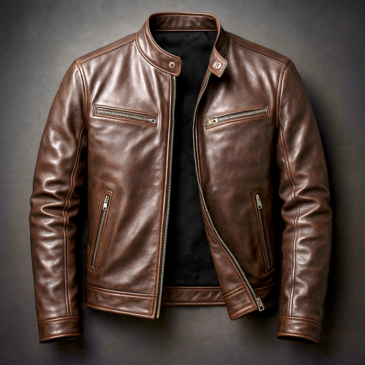 Men's leather biker jacket with standing collar and zip pockets