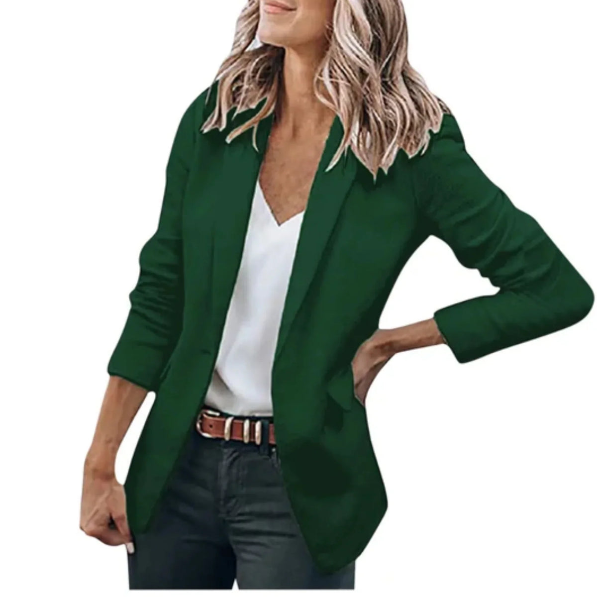 Women's open front blazer with notched lapels and three-quarter sleeves