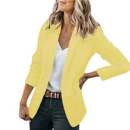 Women's open front blazer with notched lapels and three-quarter sleeves