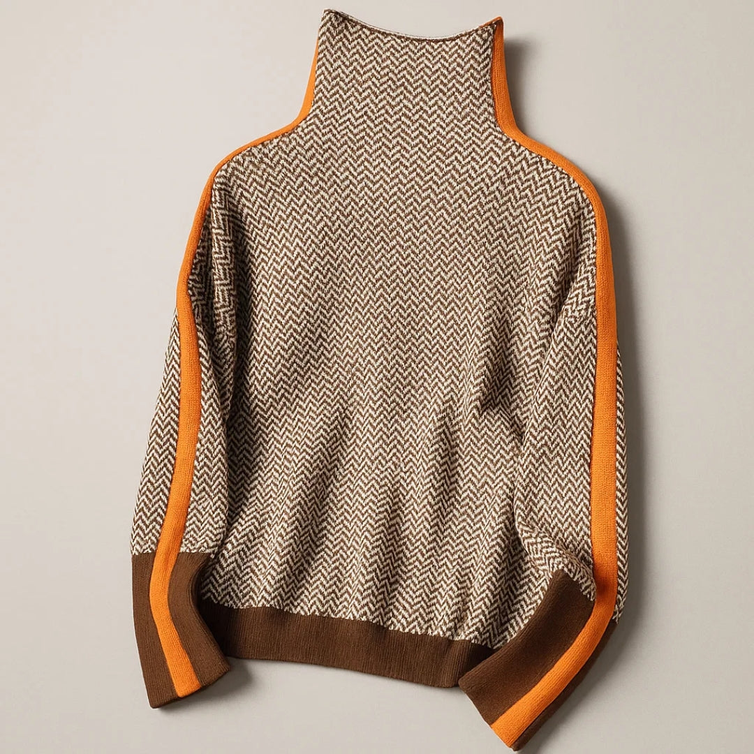 Women's geometric zigzag turtleneck sweater with contrast panels