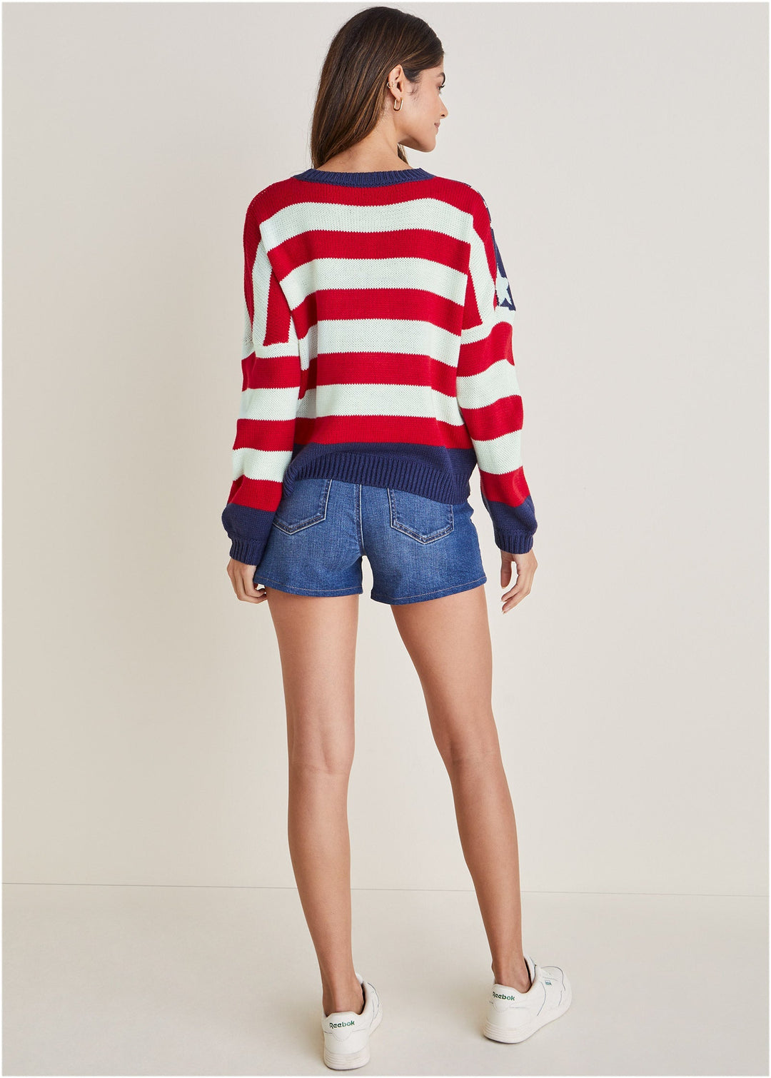 Women's red white and navy stars and stripes crewneck sweater