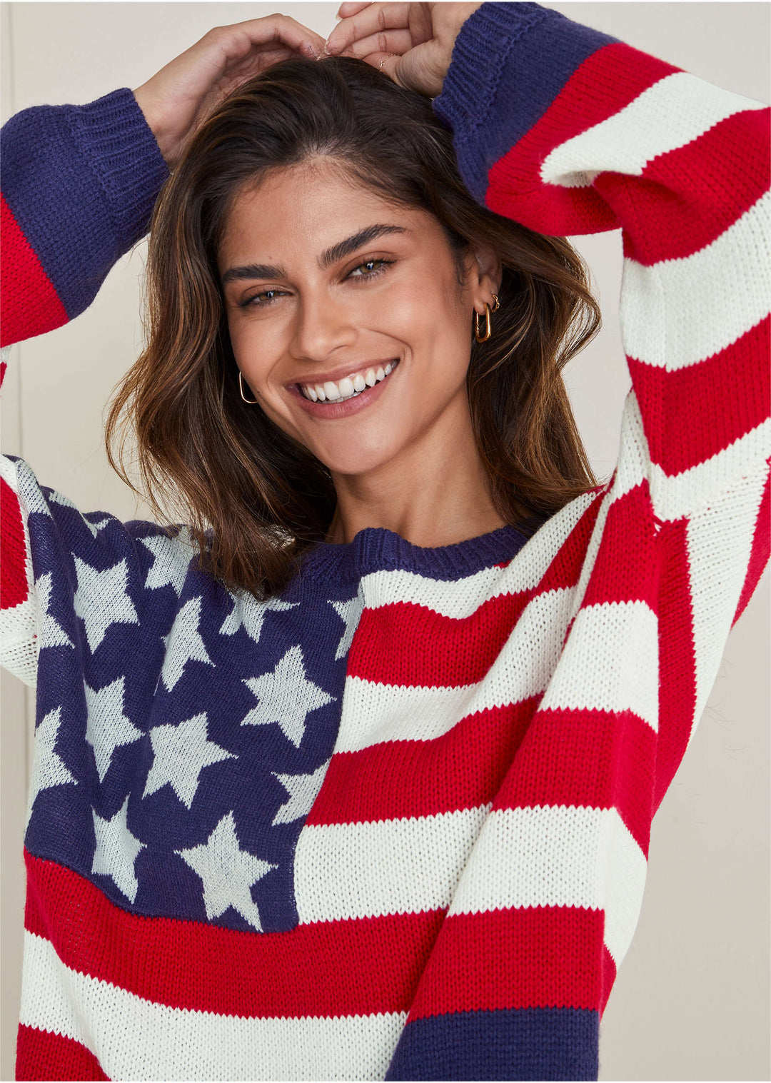 Women's red white and navy stars and stripes crewneck sweater