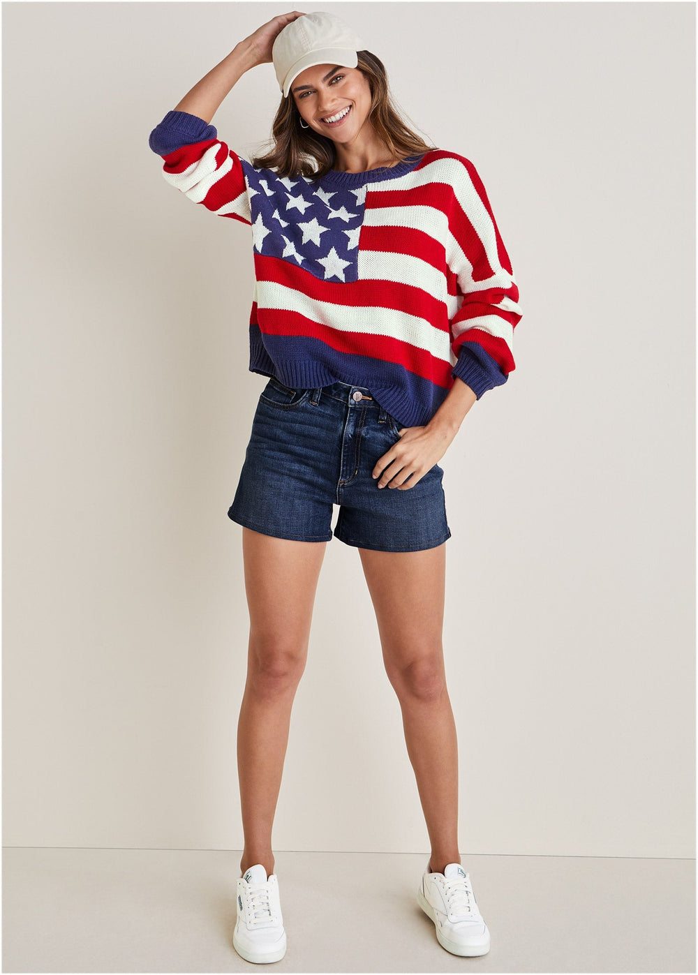 Women's red white and navy stars and stripes crewneck sweater