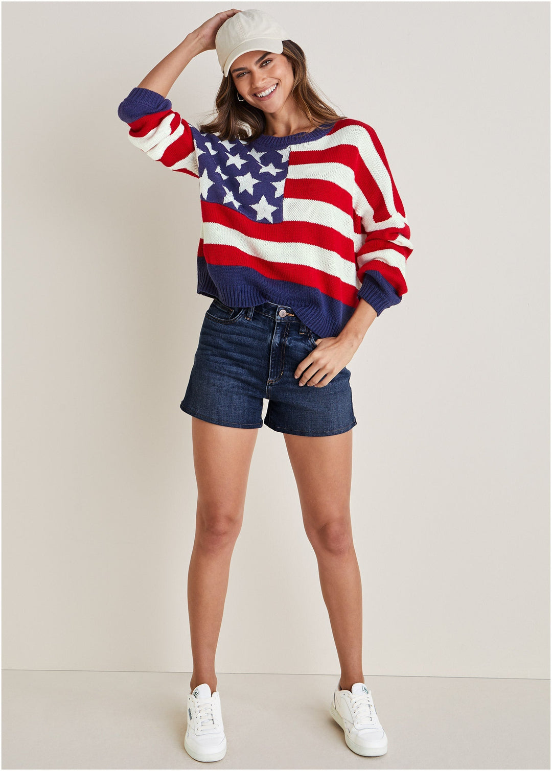 Women's red white and navy stars and stripes crewneck sweater