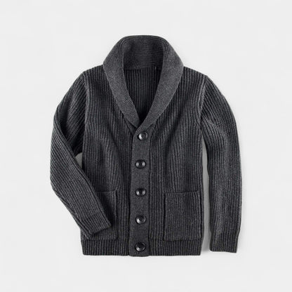 Men's ribbed cardigan with shawl collar, buttons and front pockets