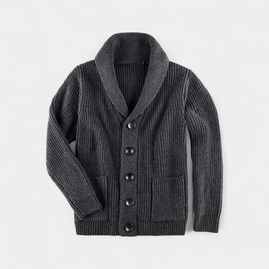 Men's ribbed cardigan with shawl collar, buttons and front pockets
