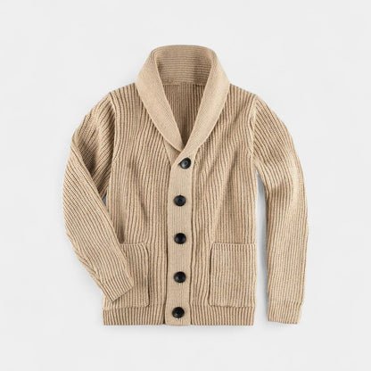 Men's ribbed cardigan with shawl collar, buttons and front pockets