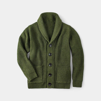 Men's ribbed cardigan with shawl collar, buttons and front pockets