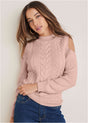 Women's pink cable knit cold shoulder sweater with mock neck