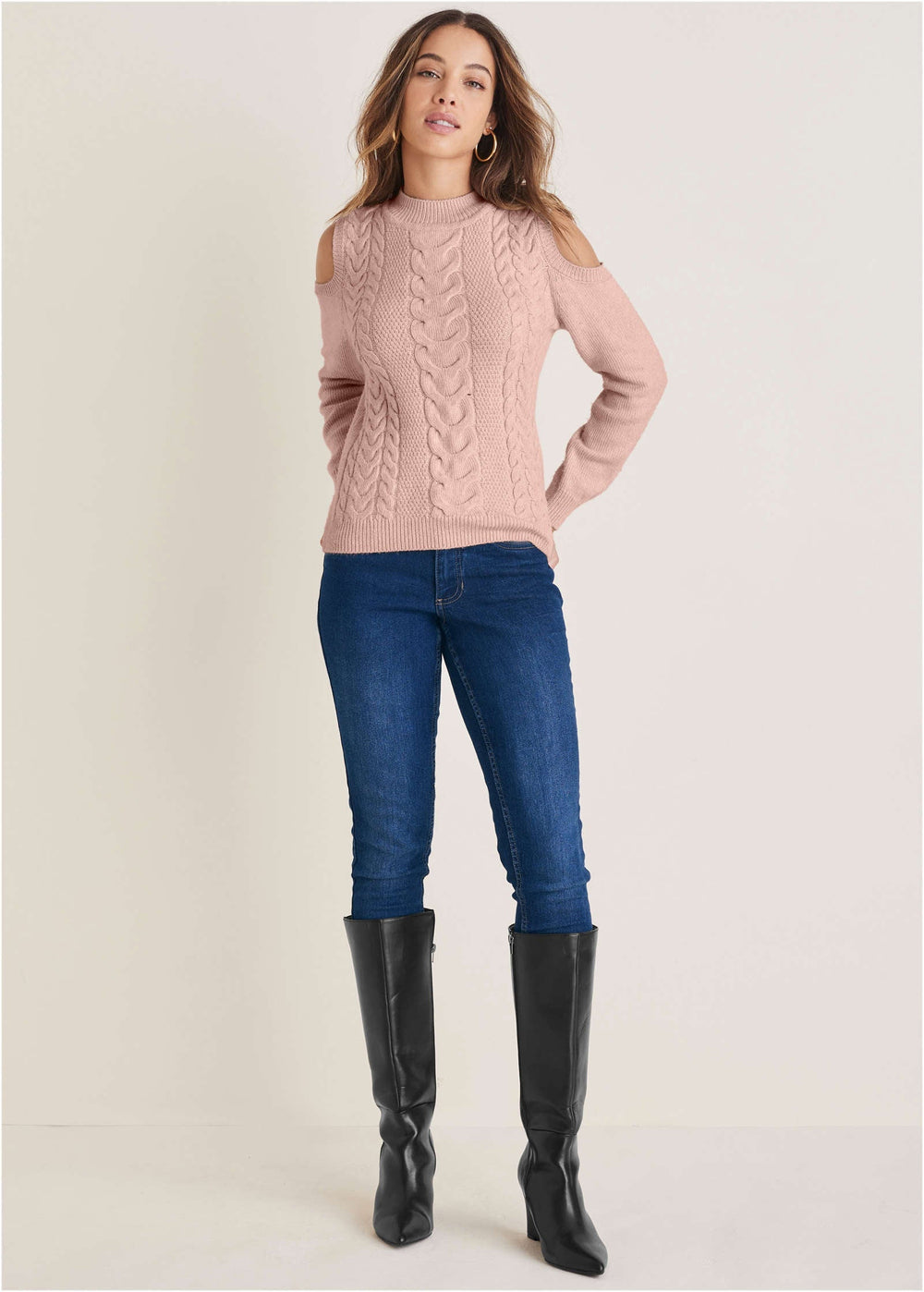 Women's pink cable knit cold shoulder sweater with mock neck